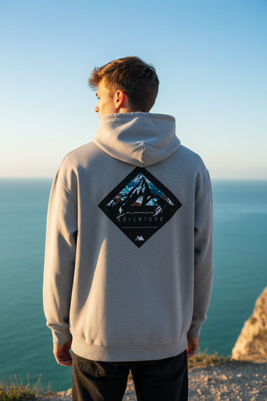 Alppeer Adventure Hoodie – Carbon Grey, Back, Cliffside