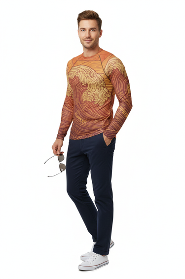 Alppeer Golden Wave Rash Guard with navy chinos