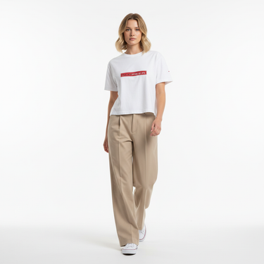 Alppeer Signature Boxy Tee - White female model with trousers