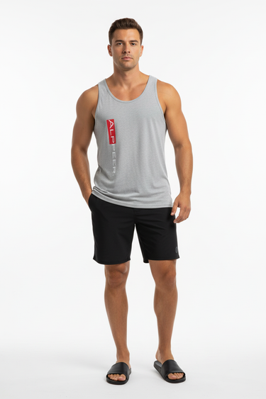 Athletic Heather ALPPEER Tank with Black Boardshorts - Full Body