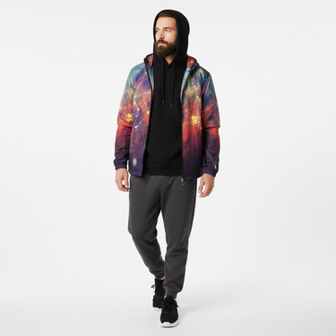 Bearded man in galaxy windbreaker with hood