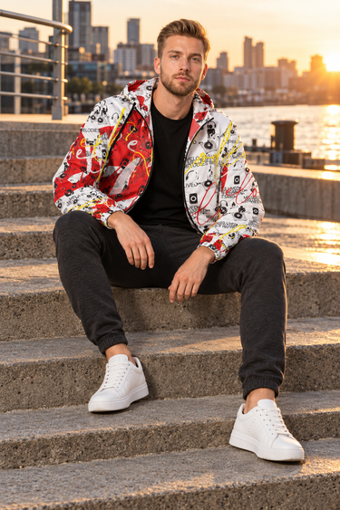 Bearded model seated on harbor steps