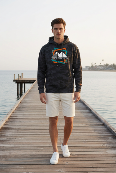 Black Camo hoodie with cream shorts