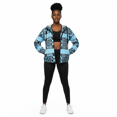 Black female model in African Origins windbreaker