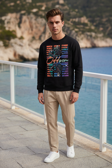 Black sweatshirt with pleated trousers