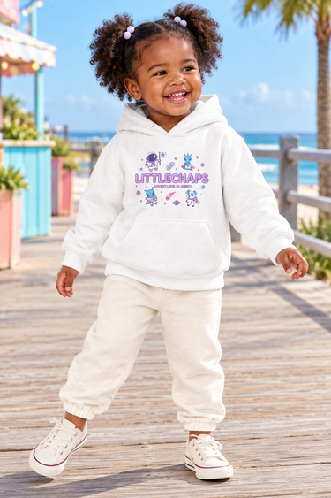 Black two-year-old girl in the white LittleChaps space hoodie