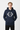 Blonde model in navy hoodie