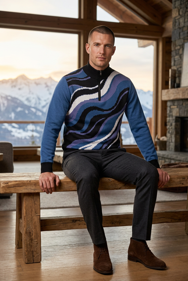 Blue quarter-zip styled inside a mountain lodge