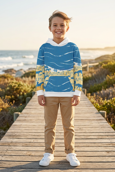 Boy wearing the hoodie with tan chinos