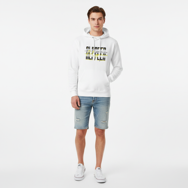 Classic casual - white hoodie with denim shorts