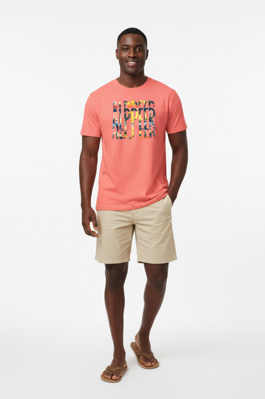 Coral ALPPEER Tee with Khaki Boardshorts - Full Body