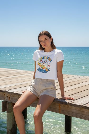 Crop Tee — Beige Shorts, Beach Pier