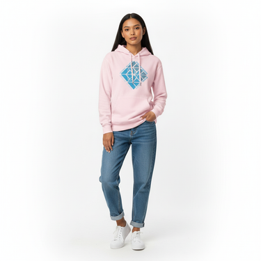 Female model in light pink Surfxion hoodie with jeans