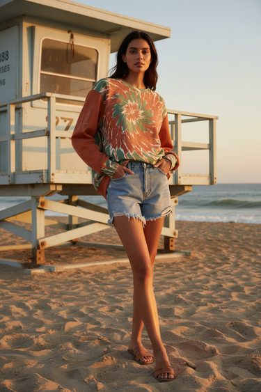 Female model wearing the sweatshirt with light-wash denim shorts