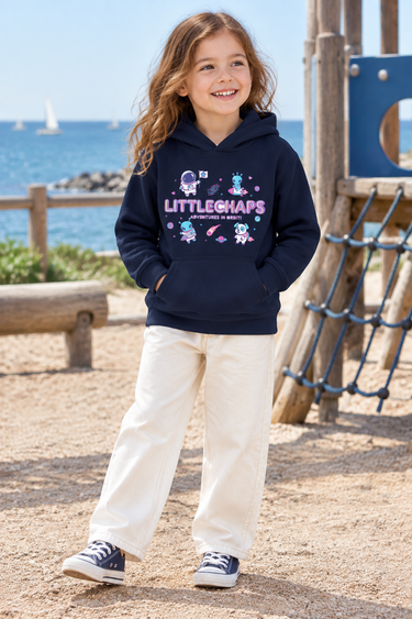 Five-year-old girl in the navy LittleChaps space hoodie