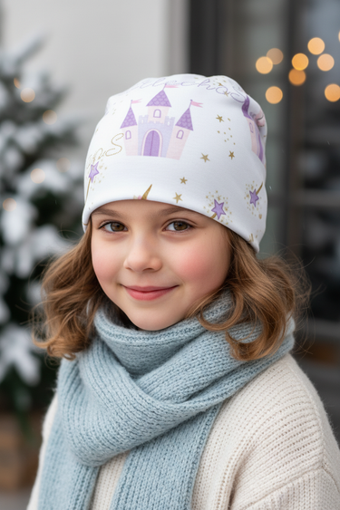 Girl age 8 wearing castle beanie