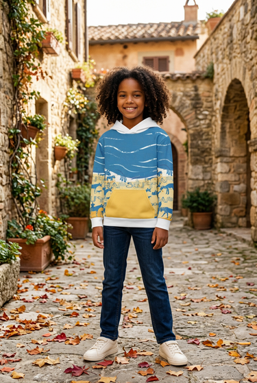 Girl wearing the hoodie with indigo jeans