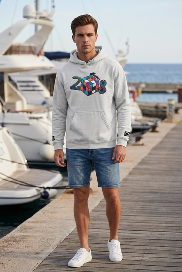 Grey Heather hoodie with denim shorts