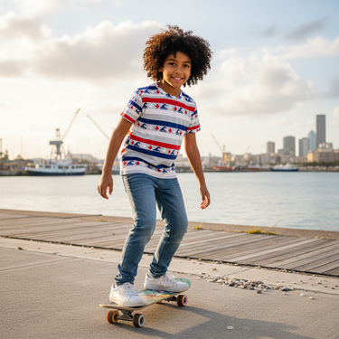 Hispanic boy skateboarding in Independence Match tee