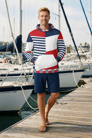 Hoodie editorial with navy boardshorts near sailboats
