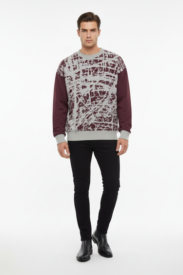 Distressed texture sweater with black jeans for modern casual aesthetic