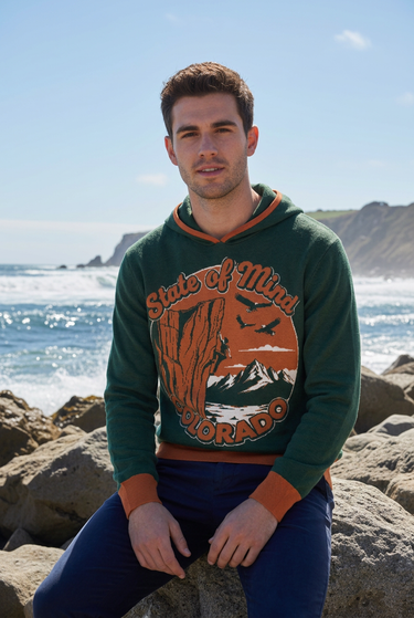Knitted hoodie coastal rocks editorial