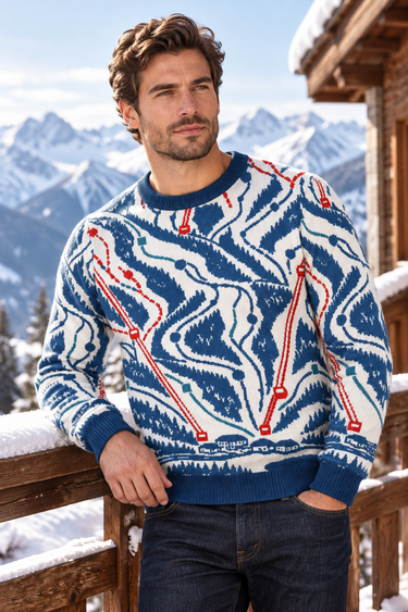 Look 2: male model, chalet balcony