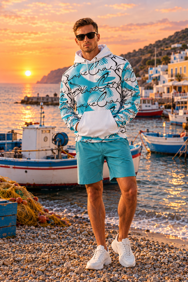 Look 4 redo: Santorini man, fishing harbor at sunset