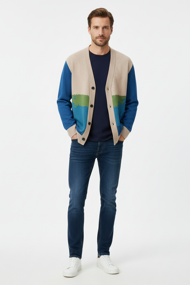 Male model - buttoned cardigan with jeans