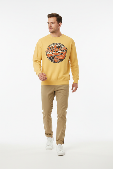 Male model in butter yellow sweatshirt with khaki chino pants