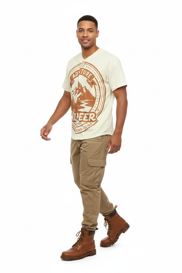 Male model in khaki cargo pants and brown boots