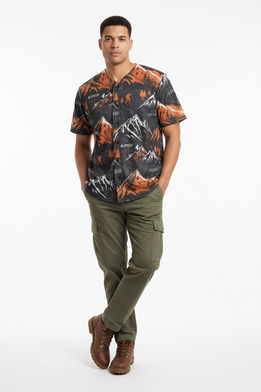 Male model in olive green cargo pants and brown boots
