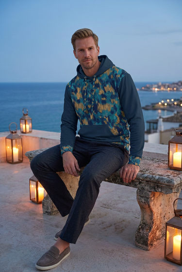 Male model wearing hoodie on coastal rooftop