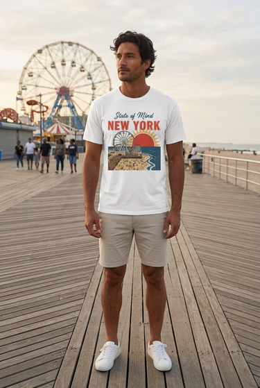 Male model wearing the white New York tee