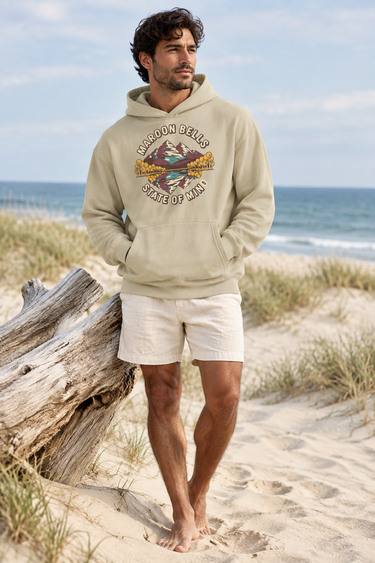 Male stone hoodie beach look with cream linen shorts