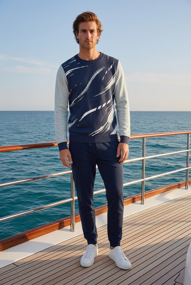 Male sweater editorial with navy joggers