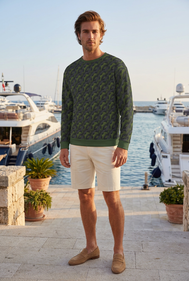Male sweatshirt look with cream tailored shorts