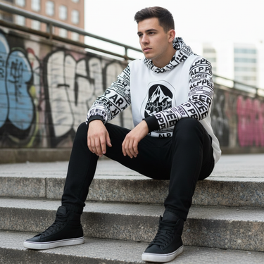 Man in Alppeer hoodie on concrete steps