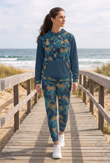 Matching hoodie and joggers on beach boardwalk