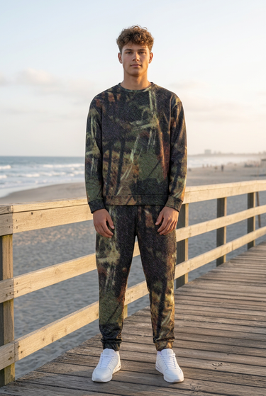 Matching sweatshirt and joggers on boardwalk