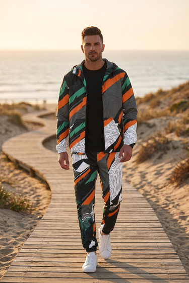 Matching track pants with the jacket worn open on a beach boardwalk
