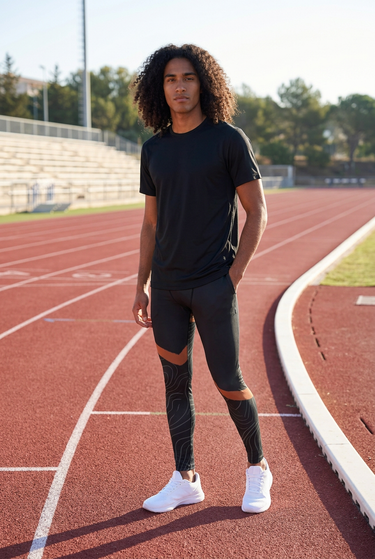Men’s leggings on an outdoor athletics track
