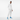 Model all-white outfit with blue shoes