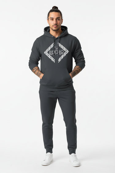 Model with man bun in full charcoal hoodie