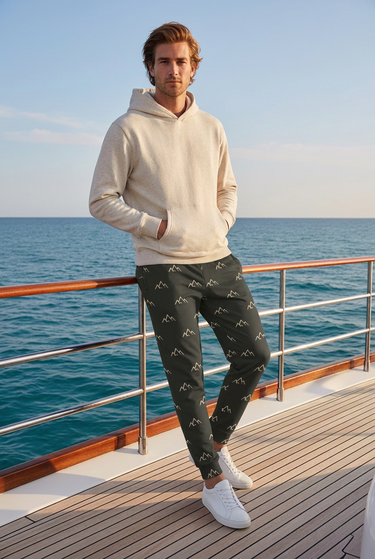 Mountain-print joggers styled with an oatmeal hoodie