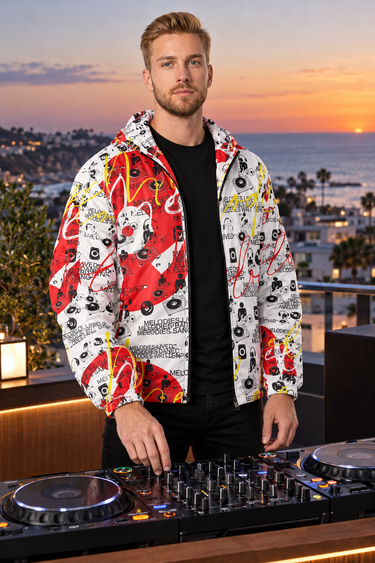 Music-print windbreaker at a rooftop DJ booth