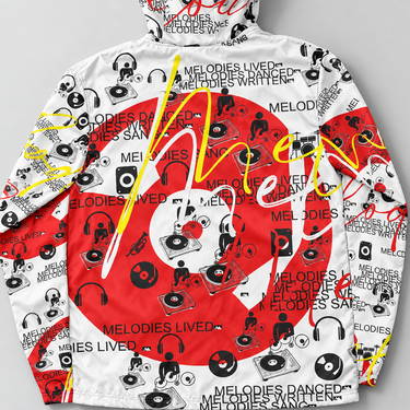 Music-print windbreaker back artwork close-up