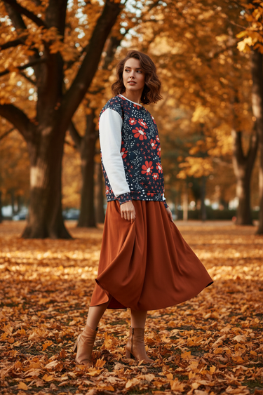 Navy Floral Sweatshirt – Rust Midi Skirt