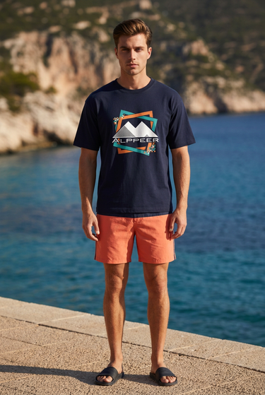 Navy tee with coral-orange board shorts