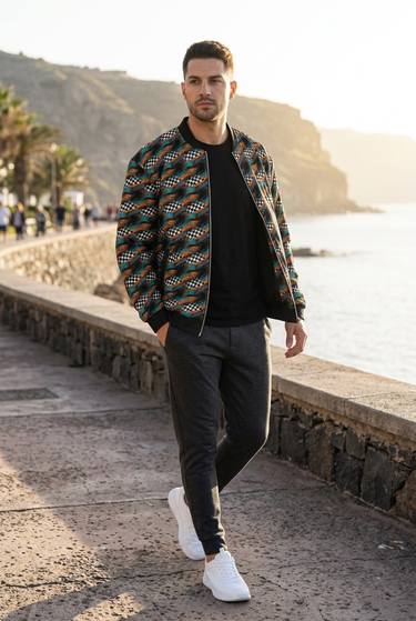 Open bomber jacket with charcoal joggers
